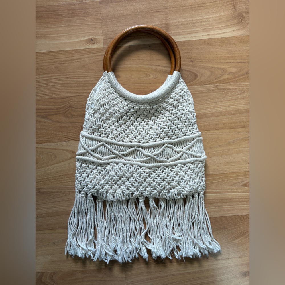 Cream Macrame Fringe Handbag with Wooden Round Handles - Picture 3 of 8